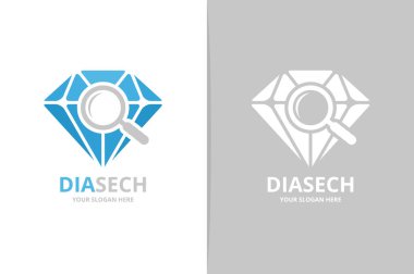 Vektör elmas ve büyüteç logo bileşimi. Takı ve simge veya simge büyütme. Benzersiz mücevher ve arama logo tasarım şablonu.