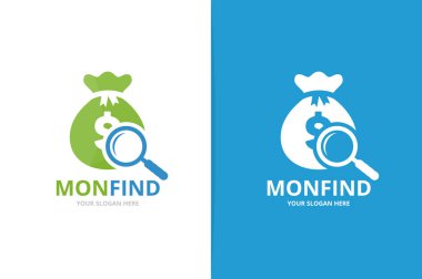 Vektör çanta ve Büyüteç logo bileşimi. Çuval ve simge veya simge büyütme. Benzersiz para ve arama logo tasarım şablonu.