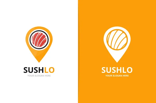 Vektorsushi und Kartenzeiger-Logo-Kombination. japanisches Essen und GPS-Lokator-Symbol oder -Symbol. einzigartige Meeresfrüchte und Logotyp-Design-Vorlage. — Stockvektor