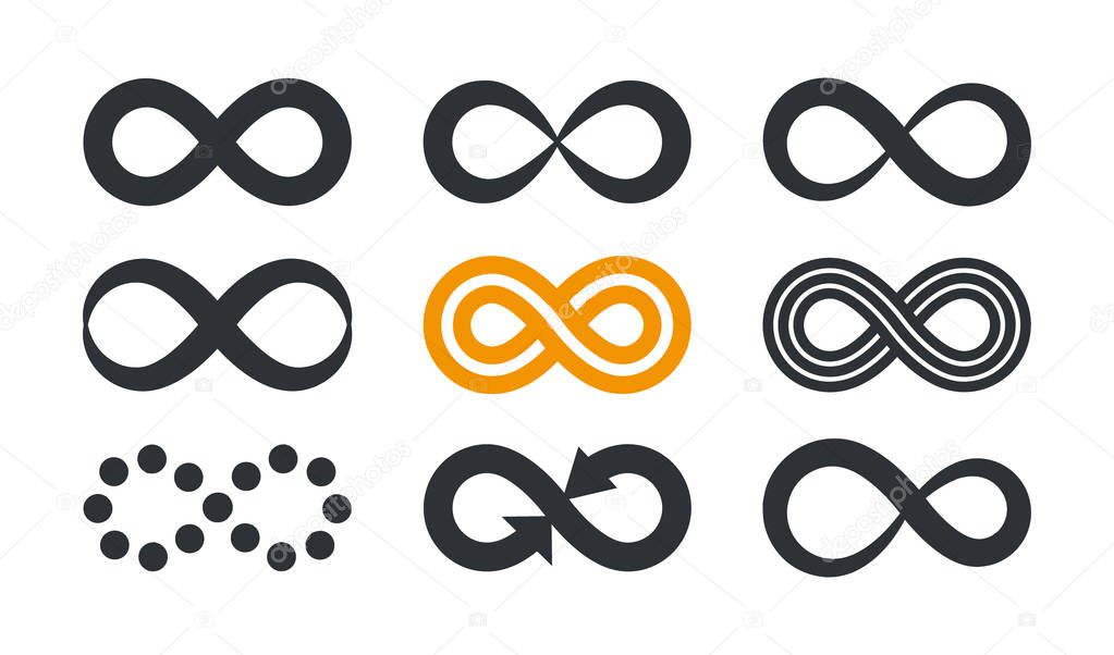 Infinity symbols. Repetition and unlimited cyclicity in different style isolated on white background.