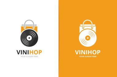 Vektör vinil ve Dükkanı logo bileşimi. Kayıt ve satış sembol veya simge. Eşsiz müzik albüm ve çanta logo tasarım şablonu.