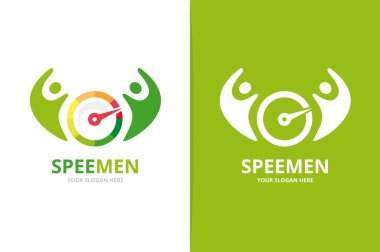 Vektör hız göstergesi ve insanlar logo bileşimi. Takometre ve aile simge veya simge. Benzersiz speedo ve takım logo tasarım şablonu.