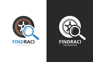 Vektör tekerlek ve Büyüteç logo bileşimi. Lastik ve simge veya simge büyütme. Benzersiz lastik ve arama logo tasarım şablonu.