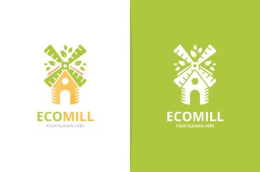 Vektör değirmen ve yaprak logo bileşimi. Çiftlik ve Eko simge veya simge. Benzersiz yel değirmeni ve organik logo tasarım şablonu.