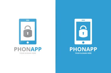 Vektör kilit ve telefon logo bileşimi. Güvenli ve mobil simge veya simge. Benzersiz asma kilit ve aygıt logo tasarım şablonu.