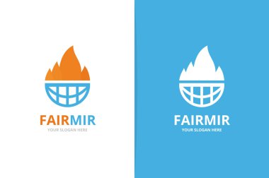 Vektör yangın ve gezegeni logo bileşimi. Alev ve dünya sembolü veya simge. Benzersiz meşale ve küre logo tasarım şablonu.