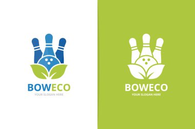 Vektör bowling ve yaprak logo bileşimi. Oyun ve Eko simge veya simge. Benzersiz kegling ve organik logo tasarım şablonu.