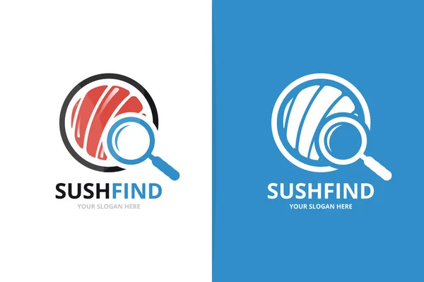 Combinaison vectorielle de sushi et logo loupe. Nourriture japonaise et symbole ou icône grossissant. Modèle unique de conception de logotype de fruits de mer et de recherche . — Image vectorielle