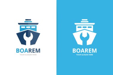 Gemi vektör ve logo birlikte onarmak. Tekne ve düzeltme simge veya simge. Benzersiz yat ve hizmet logo tasarım şablonu.