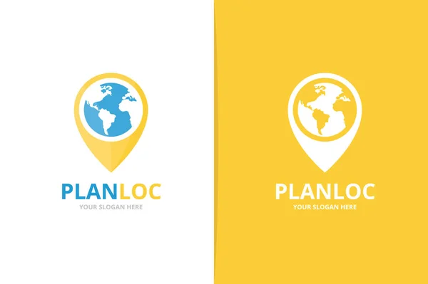 Vektorwelt und Kartenzeiger-Logo-Kombination. earth und gps locator symbol oder icon. einzigartige Designvorlage für Globus und Pin-Logo. — Stockvektor