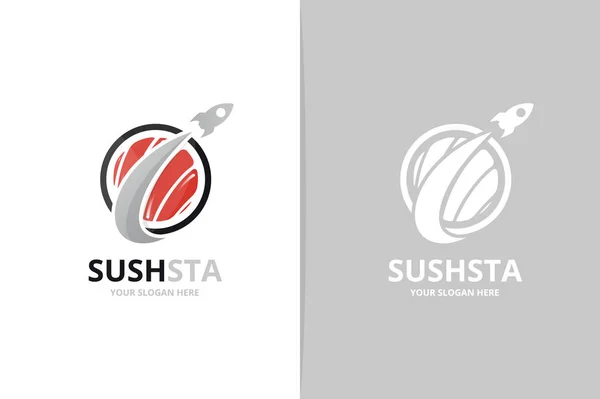 Vector sushi and rocket logo combination. Japanese food and airplane symbol or icon. Unique seafood and flight logotype design template. — Stock Vector