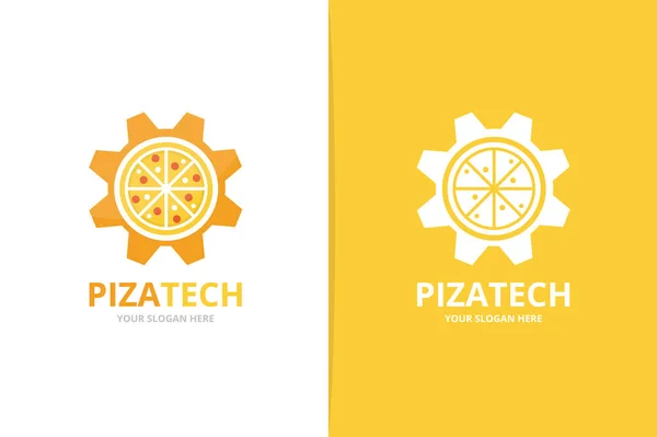 Vector pizza en versnelling logo-combinatie. Voedsel en monteur symbool of pictogram. Unieke pizzeria en industriële logo ontwerpsjabloon. — Stockvector