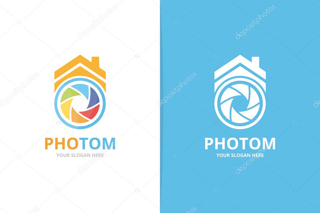 Vector camera shutter and real estate logo combination. Lens and house symbol or icon. Unique photo and rent logotype design template.