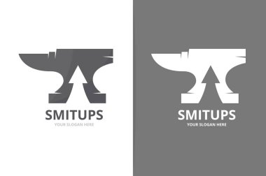 Vektör smith ve logo birlikte yukarı ok. Demirci ve büyüme simge veya simge. Benzersiz metal ve upload logo tasarım şablonu.