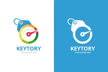 Vektör hız göstergesi ve etiketi logosu bileşimi. Takometre ve dükkanı simge veya simge. Benzersiz speedo ve etiket logo tasarım şablonu.