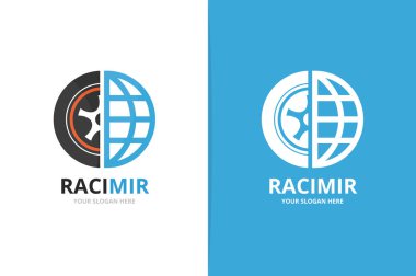 Vektör tekerlek ve gezegeni logo bileşimi. Lastik ve dünya sembolü veya simge. Benzersiz lastik ve küre logo tasarım şablonu.