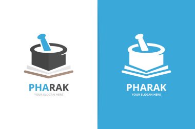 Vektör eczane ve açık kitap logo kombinasyonu. Pounder ve Kitabevi simge veya simge. Benzersiz harç ve havaneli logo tasarım şablonu.