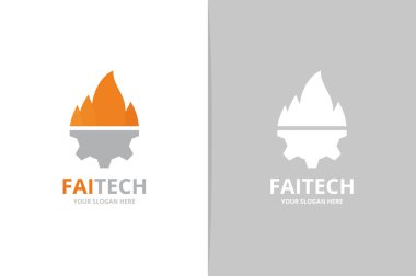 Yangın vektör ve logo birlikte dişli. Alev ve mekanik simge veya simge. Benzersiz meşale ve endüstriyel logo tasarım şablonu.