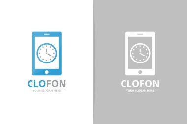 Vektör saat ve telefon logo bileşimi. Zaman ve hareket eden simge veya simge. Benzersiz express ve aygıt logo tasarım şablonu.