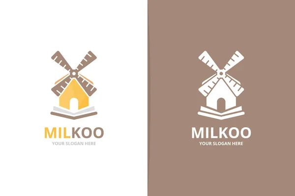 Vektor mill és nyitott könyv logo kombinációja. Farm és könyvesbolt szimbólum vagy ikon. Egyedi szélmalom és a könyvtár logo design sablon. — Stock Vector