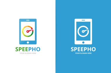 Vektör hız göstergesi ve telefon logo bileşimi. Takometre ve mobil simge veya simge. Benzersiz speedo ve aygıt logo tasarım şablonu.