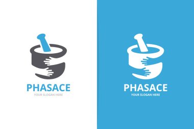 Vektör eczane ve eller logo bileşimi. Pounder ve sarılmak simge veya simge. Benzersiz harç ve havaneli logo tasarım şablonu.