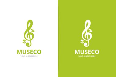 Vektör tiz nota anahtarı ve yaprak logo bileşimi. Müzik ve Eko simge veya simge. Benzersiz ses ve organik logo tasarım şablonu.