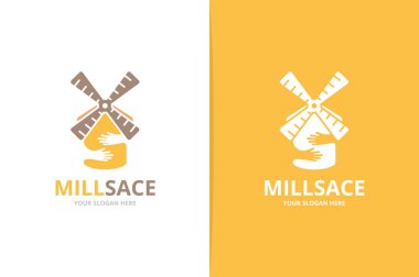 Vektör değirmen ve eller logo bileşimi. Çiftlik ve sarılmak simge veya simge. Benzersiz yel değirmeni ve kucaklama logo tasarım şablonu.