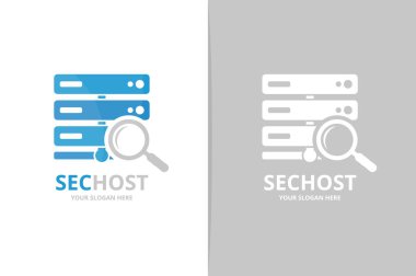 Vektör ana bilgisayar ve büyüteç logo bileşimi. Sunucu ve simge veya simge büyütme. Benzersiz veri ve arama logo tasarım şablonu.