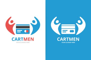 Vektör kredi kartı ve insanlar logo bileşimi. Hediye ve aile simge veya simge. Benzersiz indirim ve takım logo tasarım şablonu.