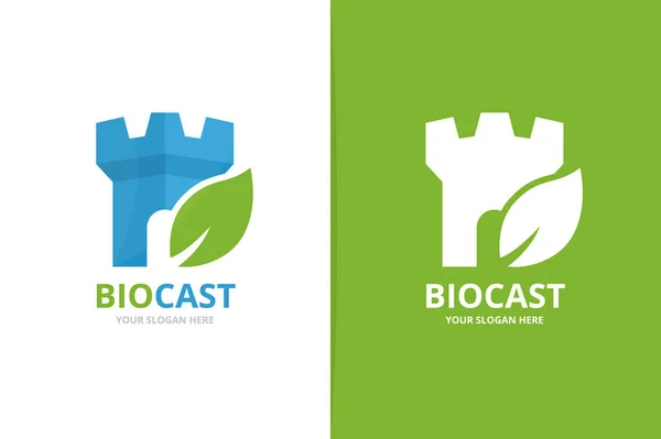 Vector kasteel en blad logo-combinatie. Toren en eco-symbool of pictogram. Biologische logo ontwerpsjabloon en uniek Fort. — Stockvector