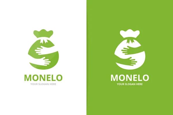 Combinazione del logo della borsa vettoriale e delle mani. Sacca e abbraccia simbolo o icona. Soldi e team unici, modello di design del logotipo dell'amicizia . — Vettoriale Stock