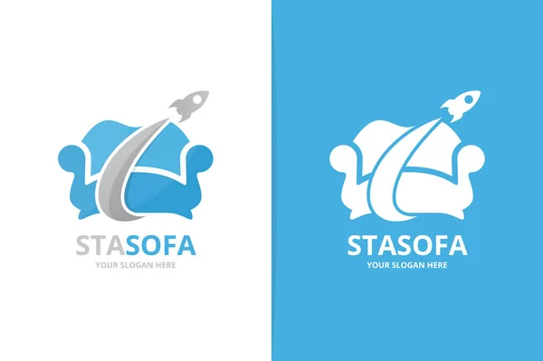 Sofá y combinación de logotipo cohete. Sillón único y plantilla de diseño de logotipo de vuelo . — Vector de stock