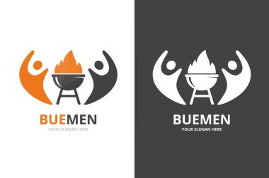 Barbekü ve insanlar logo bileşimi. Benzersiz Barbekü ve takım logo tasarım şablonu.