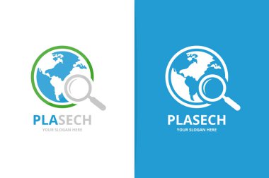 Vektör dünya ve büyüteç logo bileşimi. Benzersiz dünya ve arama logo tasarım şablonu.