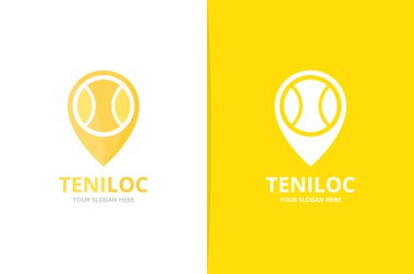 Vektör tenis ve harita işaretçi logo bileşimi. Benzersiz top ve PIN logo tasarım şablonu.
