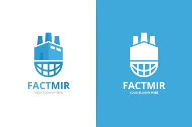 Vektör fabrika ve gezegeni logo bileşimi. Benzersiz üretim ve küre logo tasarım şablonu.