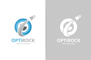 Vektör göz ve roket logo bileşimi. Optik ve uçak simge veya simge. Benzersiz vizyon ve uçuş logo tasarım şablonu.