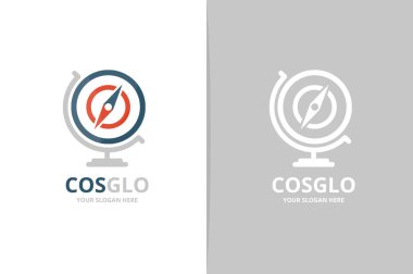 Vektör pusula ve küre logo bileşimi. Benzersiz seyahat logo tasarım şablonu.