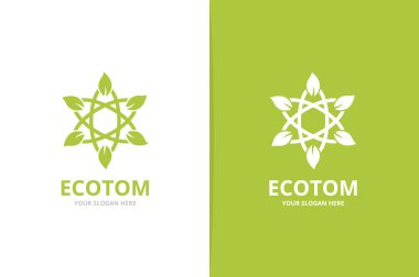 Vektör atom ve yaprak logo bileşimi. Benzersiz bilim ve organik logo tasarım şablonu.