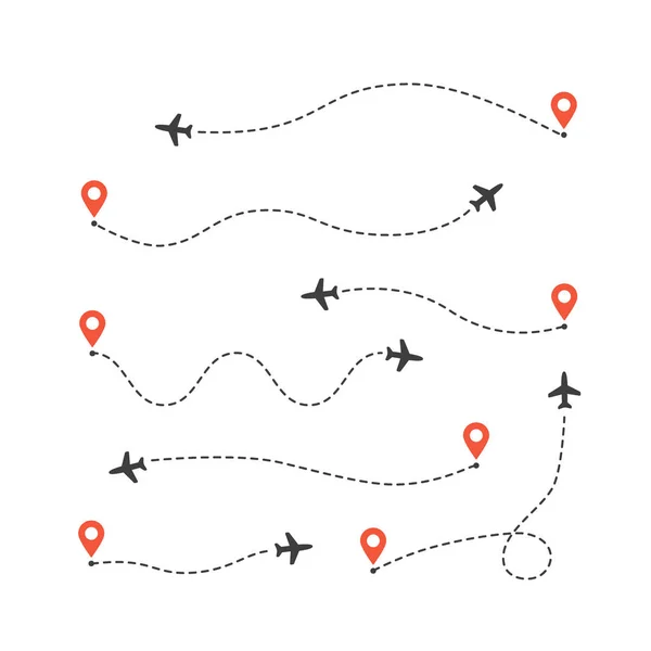 Conjunto de diferentes rutas de avión. Líneas de ruta del avión. Ruta de seguimiento de aeronaves — Archivo Imágenes Vectoriales