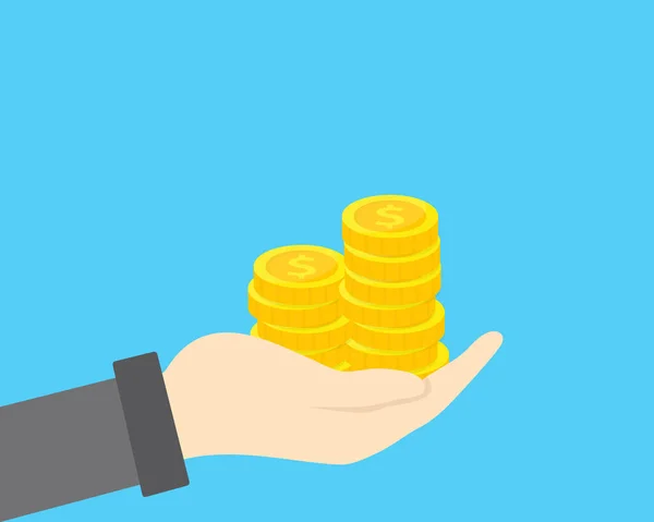 Hand med gyllene mynt stack. Begreppet besparingar, donation, betalande illustration. — Stock vektor