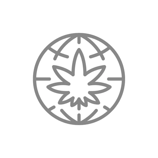 Cannabis blad met Globe lijn icoon. Wereld cannabis dag symbool en teken — Stockvector