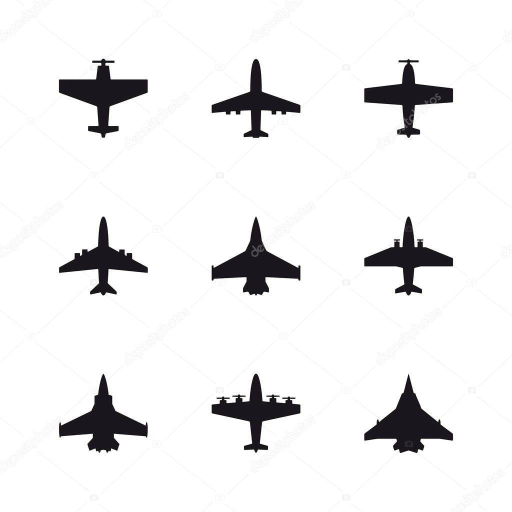 Airplane symbols set. Aircraft, plane, jet black icons.