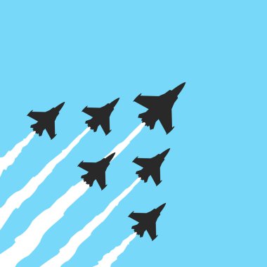 Mavi arka planda askeri savaş uçakları. Vektör uçak gösterisi afiş