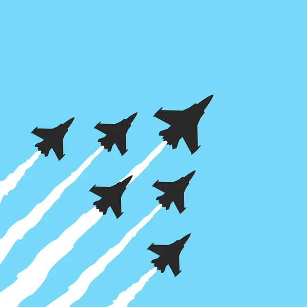 Aviones de combate militares sobre fondo azul. Banner de espectáculo de avión vectorial — Vector de stock