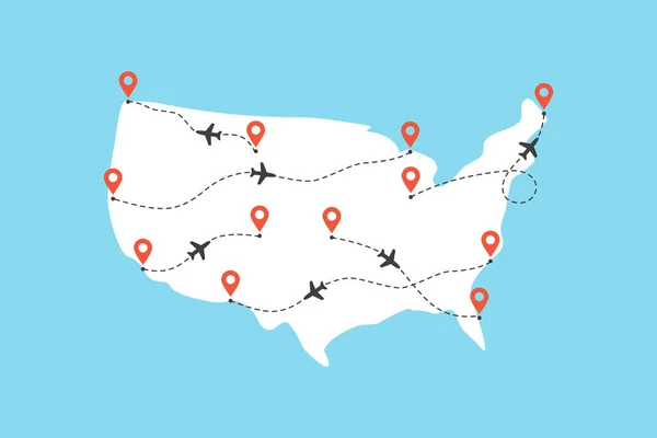 Usa map mit Flugbahn auf blauem Hintergrund — Stockvektor