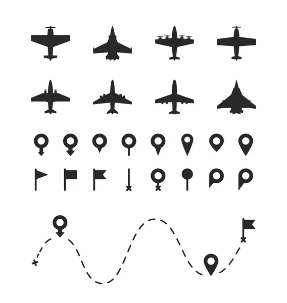 Conjunto de símbolos de avión y pin. Diferentes tipos de aeronaves y silueta de color negro azabache. Ilustración vectorial rutas de avión . — Vector de stock