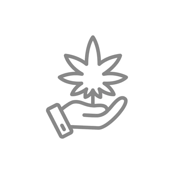 Hand med cannabisblad, medicinsk vård, växande linje ikon. — Stock vektor