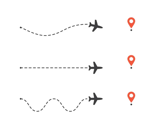Набір маршруту літака до штифта місцезнаходження. Лінії маршруту літака. Туризм і подорожі Векторні ілюстрації . — стоковий вектор